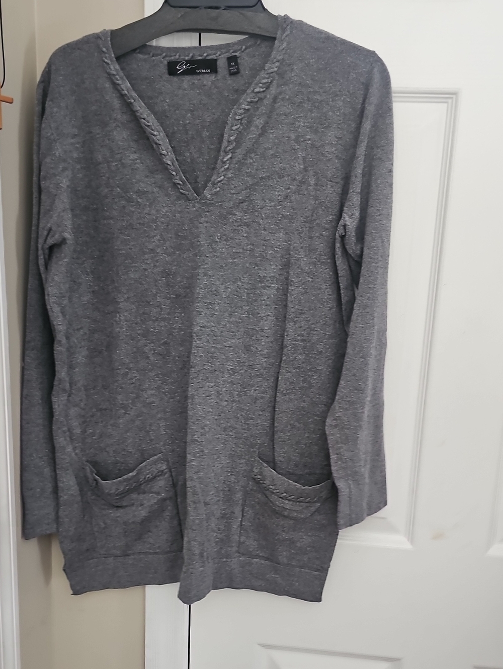 Eileen Fisher Gray V-Neck Knit Tunic with Braided Trim